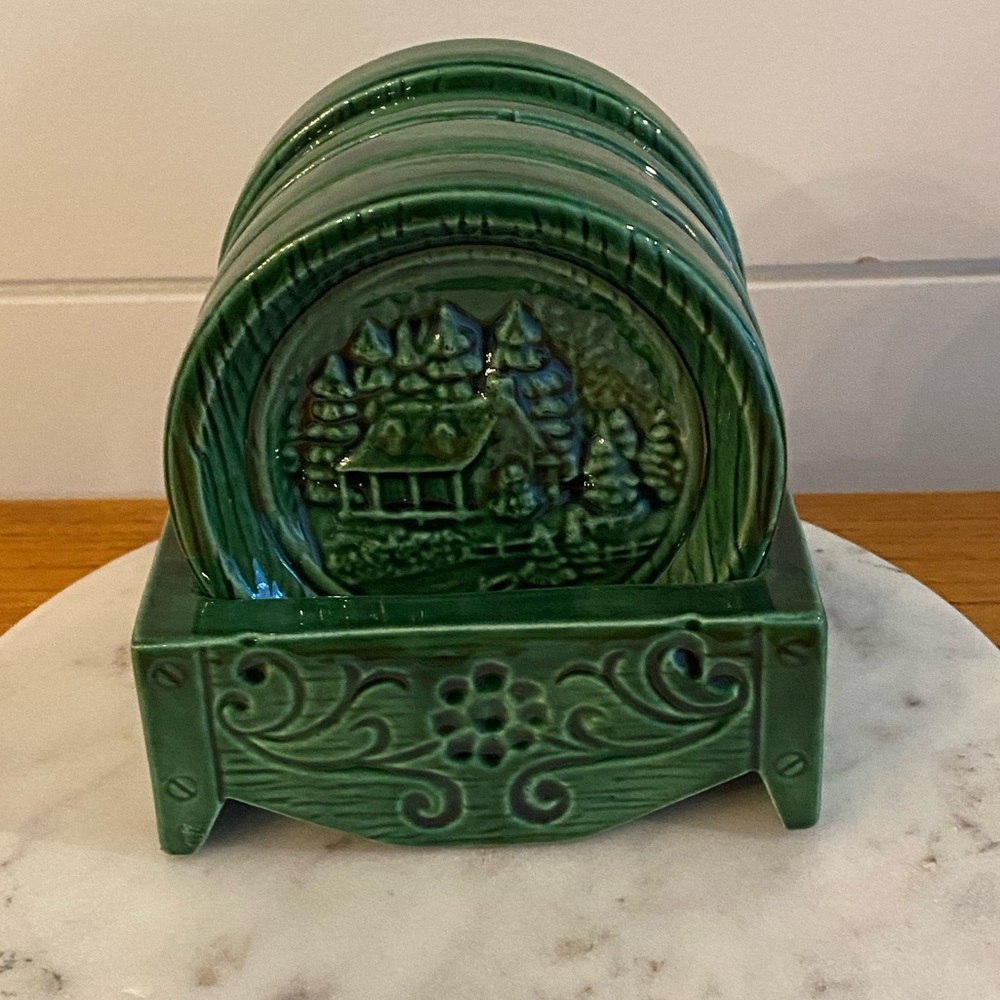 Vintage Ceramic Pottery Coaster Set Duncan Enterprises 1982 Rich Green Art Deco